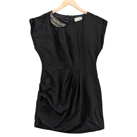 Lotus Ruched Mini Dress Black Beaded Neck Cap Sleeve Pleated Size L - Picture 1 of 13